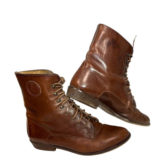 Vintage 90s Joan & David Leather Lace Up Ankle Granny Boots Brown Size 39.5, 8M - Picture 1 of 10